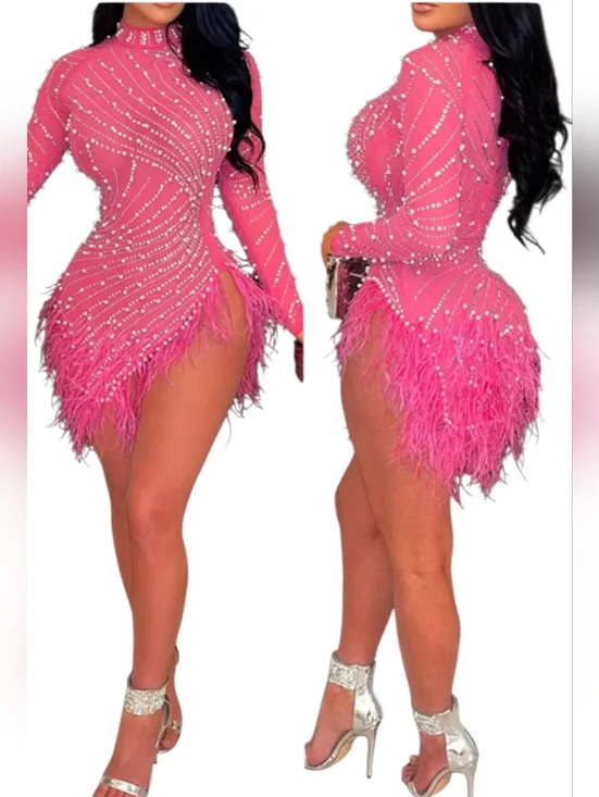 Nwt House Of Maguie Hot Pink Longsleeve Rhinestone,feathers & pearls Party Dress - Picture 9 of 16